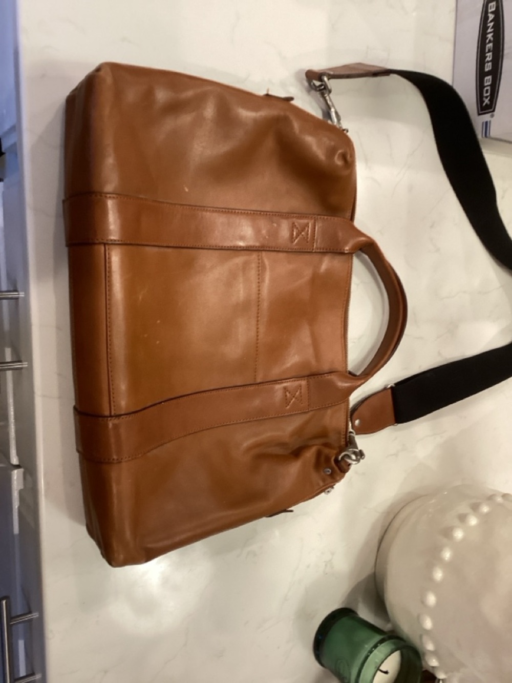Jack Spade Tan Leather Laptop Briefcase with Black Strap